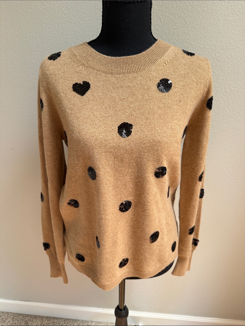 J. Crew Camel Crewneck Sweater with Black Sequin Polka & Hearts